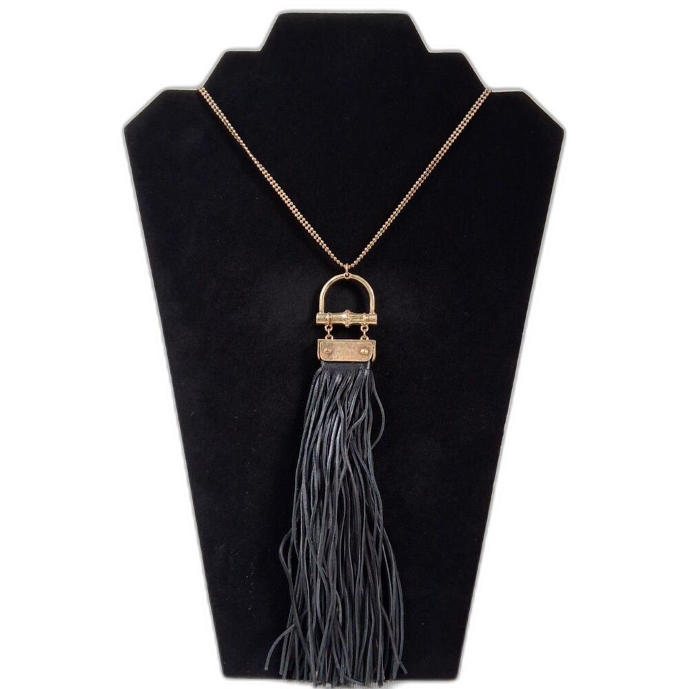 Black Tassel Pendant Gold Toned Ball Bead Chain Boho Statement Fashion Necklace